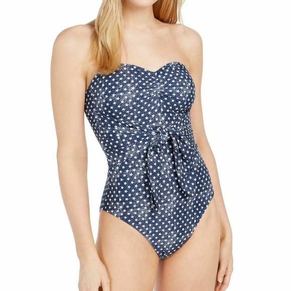 WeWoreWhat Other - WeWoreWhat One Piece Distressed Navy Star Print Strapless Swim Suit Americana